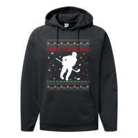 Ugly Xmas Snowflakes Tree Gifts Merry Christmas Ice Hockey Performance Fleece Hoodie