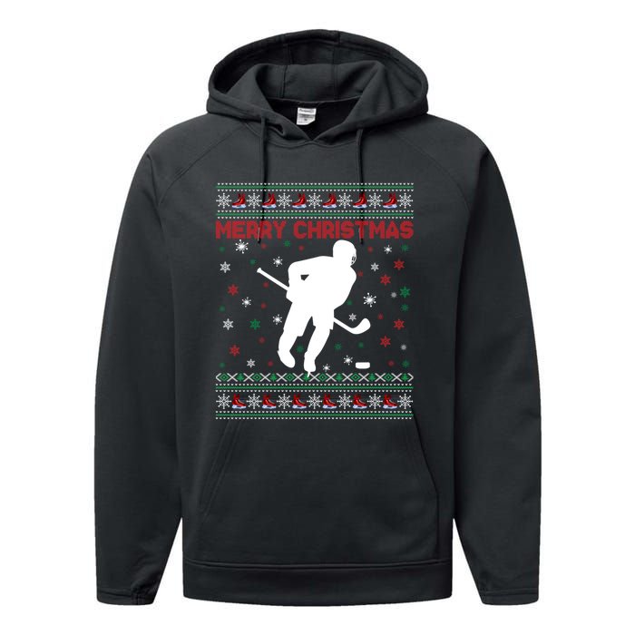 Ugly Xmas Snowflakes Tree Gifts Merry Christmas Ice Hockey Performance Fleece Hoodie