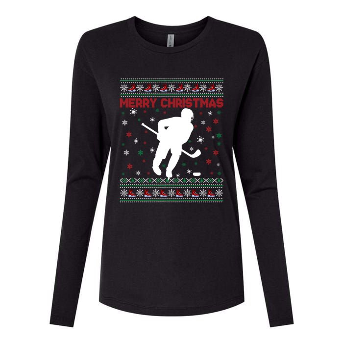 Ugly Xmas Snowflakes Tree Gifts Merry Christmas Ice Hockey Womens Cotton Relaxed Long Sleeve T-Shirt