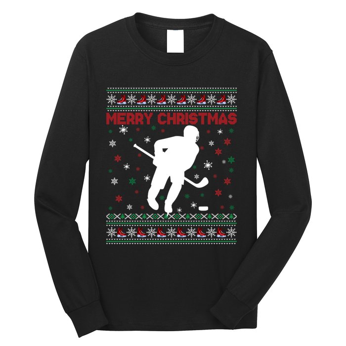 Ugly Xmas Snowflakes Tree Gifts Merry Christmas Ice Hockey Long Sleeve Shirt