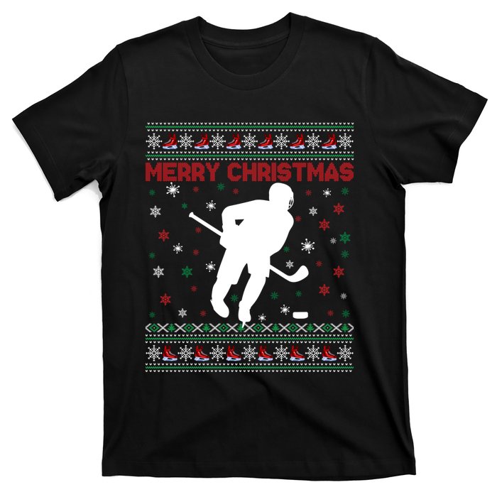 Ugly Xmas Snowflakes Tree Gifts Merry Christmas Ice Hockey T-Shirt