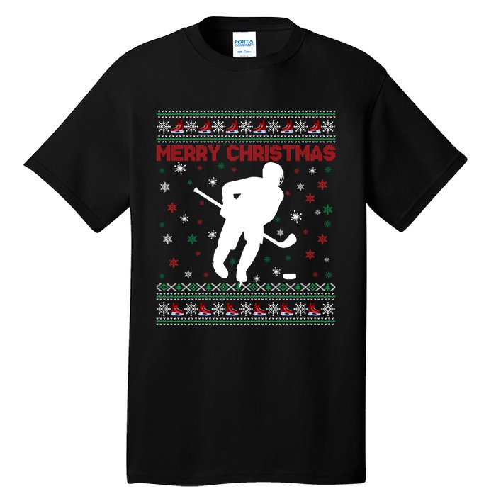 Ugly Xmas Snowflakes Tree Gifts Merry Christmas Ice Hockey Tall T-Shirt