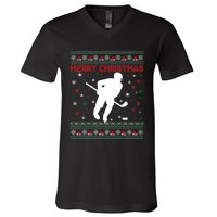 Ugly Xmas Snowflakes Tree Gifts Merry Christmas Ice Hockey V-Neck T-Shirt