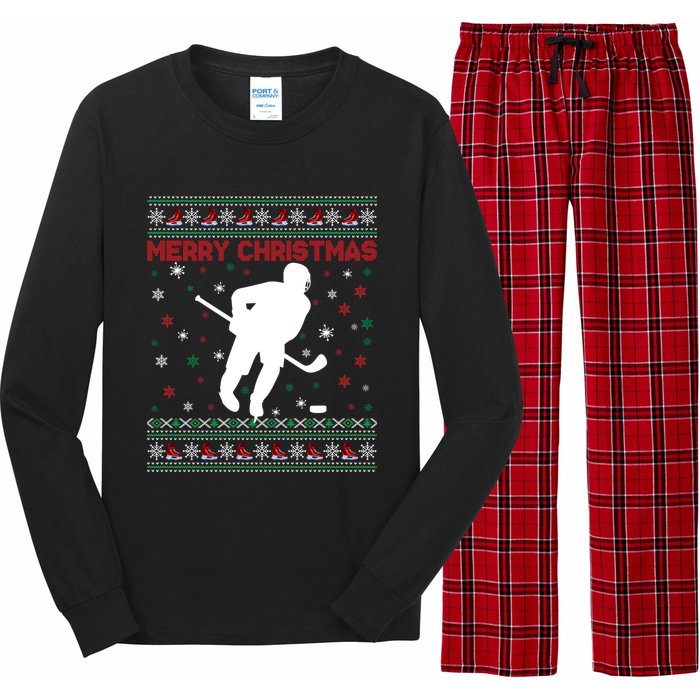 Ugly Xmas Snowflakes Tree Gifts Merry Christmas Ice Hockey Long Sleeve Pajama Set