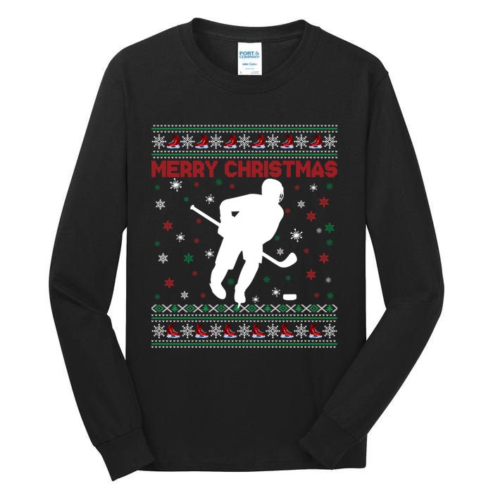 Ugly Xmas Snowflakes Tree Gifts Merry Christmas Ice Hockey Tall Long Sleeve T-Shirt