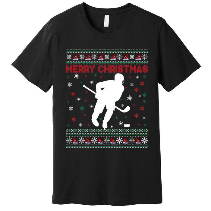 Ugly Xmas Snowflakes Tree Gifts Merry Christmas Ice Hockey Premium T-Shirt