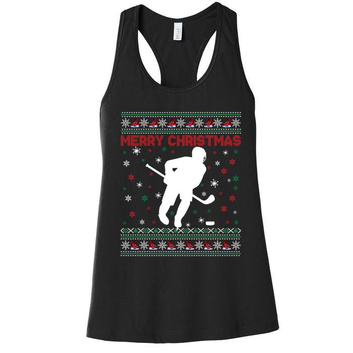 Ugly Xmas Snowflakes Tree Gifts Merry Christmas Ice Hockey Women's Racerback Tank