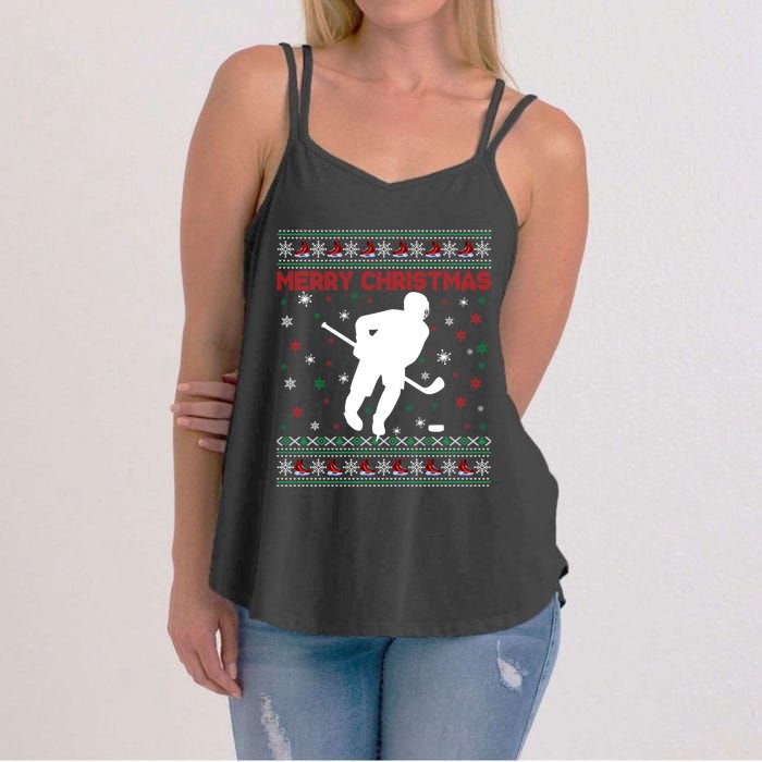 Ugly Xmas Snowflakes Tree Gifts Merry Christmas Ice Hockey Women's Strappy Tank