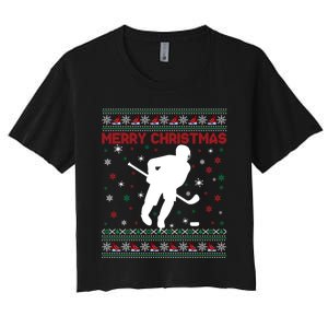 Ugly Xmas Snowflakes Tree Gifts Merry Christmas Ice Hockey Women's Crop Top Tee