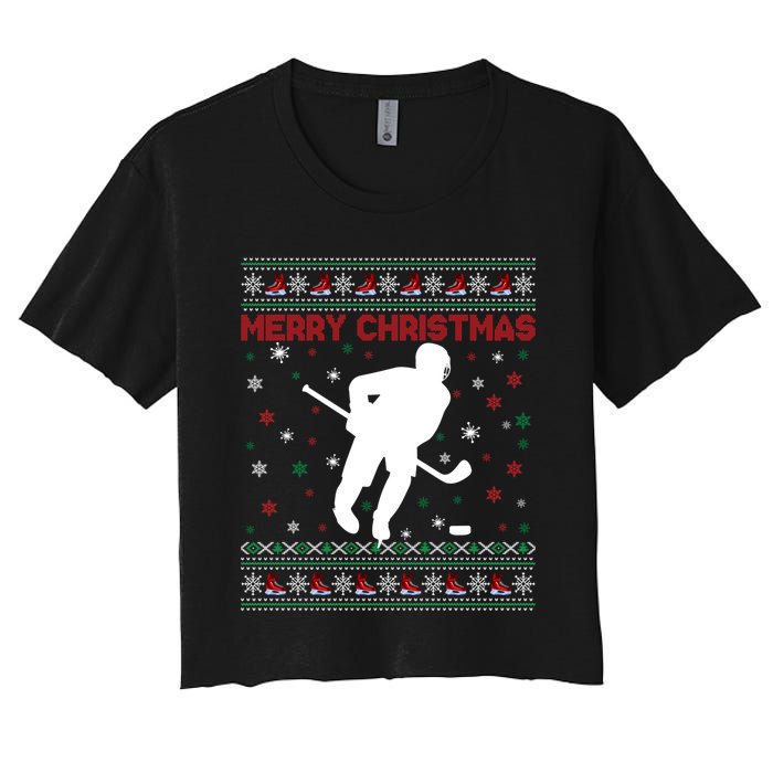 Ugly Xmas Snowflakes Tree Gifts Merry Christmas Ice Hockey Women's Crop Top Tee