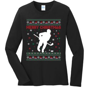 Ugly Xmas Snowflakes Tree Gifts Merry Christmas Ice Hockey Ladies Long Sleeve Shirt