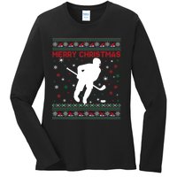 Ugly Xmas Snowflakes Tree Gifts Merry Christmas Ice Hockey Ladies Long Sleeve Shirt