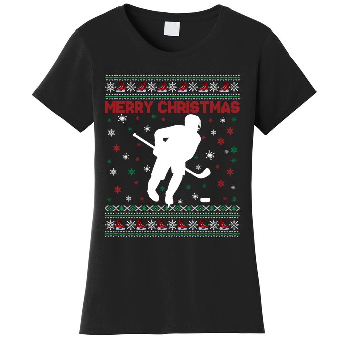 Ugly Xmas Snowflakes Tree Gifts Merry Christmas Ice Hockey Women's T-Shirt