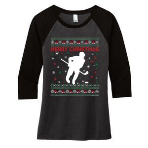 Ugly Xmas Snowflakes Tree Gifts Merry Christmas Ice Hockey Women's Tri-Blend 3/4-Sleeve Raglan Shirt