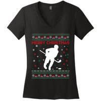 Ugly Xmas Snowflakes Tree Gifts Merry Christmas Ice Hockey Women's V-Neck T-Shirt