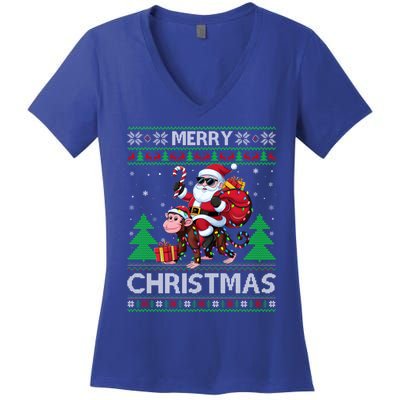 Ugly Xmas Style Santa Riding Monkey Christmas Meaningful Gift Women's V-Neck T-Shirt