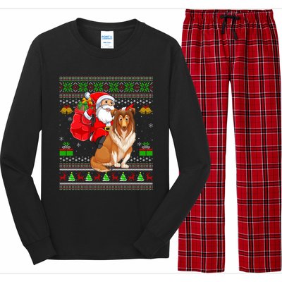 Ugly Xmas Santa Claus Riding Shetland Sheepdog Christmas Great Gift Long Sleeve Pajama Set