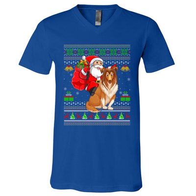 Ugly Xmas Santa Claus Riding Shetland Sheepdog Christmas Great Gift V-Neck T-Shirt