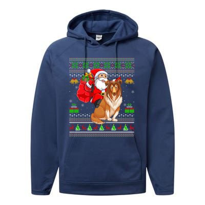 Ugly Xmas Santa Claus Riding Shetland Sheepdog Christmas Great Gift Performance Fleece Hoodie