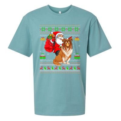 Ugly Xmas Santa Claus Riding Shetland Sheepdog Christmas Great Gift Sueded Cloud Jersey T-Shirt