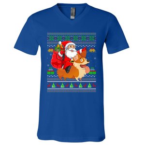 Ugly Xmas Santa Riding Welsh Corgi Dog Christmas Cute Gift V-Neck T-Shirt