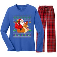 Ugly Xmas Santa Riding Welsh Corgi Dog Christmas Cute Gift Women's Long Sleeve Flannel Pajama Set 