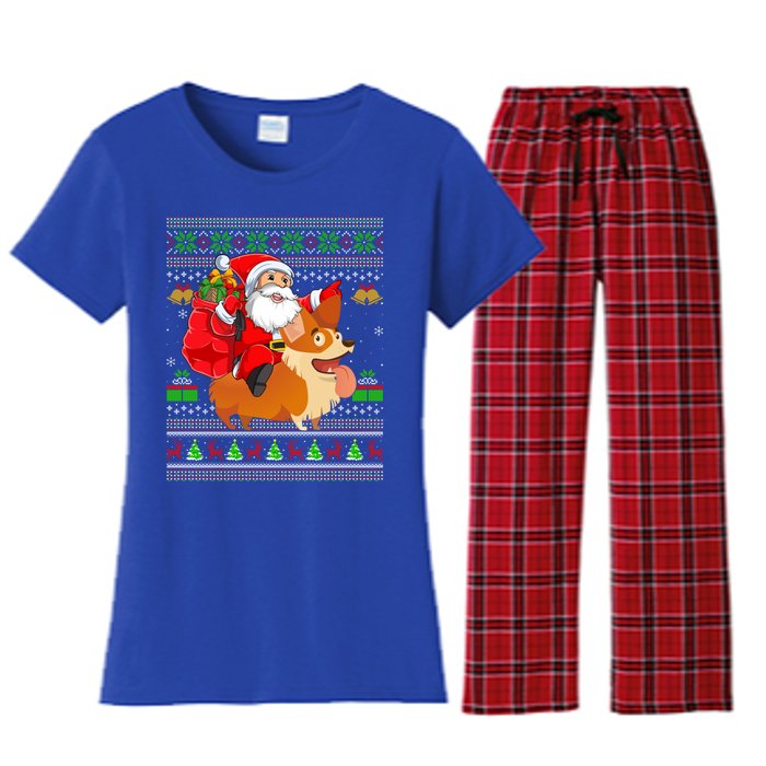 Ugly Xmas Santa Riding Welsh Corgi Dog Christmas Cute Gift Women's Flannel Pajama Set