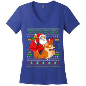 Ugly Xmas Santa Riding Welsh Corgi Dog Christmas Cute Gift Women's V-Neck T-Shirt