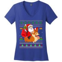 Ugly Xmas Santa Riding Welsh Corgi Dog Christmas Cute Gift Women's V-Neck T-Shirt