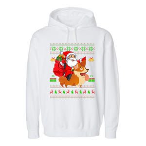 Ugly Xmas Santa Riding Welsh Corgi Dog Christmas Cute Gift Garment-Dyed Fleece Hoodie