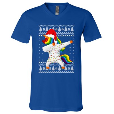 Ugly Xmas Sweater Unicorn Dabbing Dab Dance Christmas Lights Gift V-Neck T-Shirt