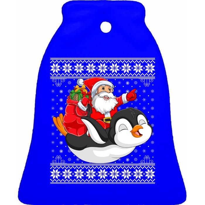 Ugly Xmas Sweater Style Santa Riding Penguin Christmas Gift Ceramic Bell Ornament