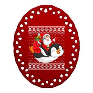 Ugly Xmas Sweater Style Santa Riding Penguin Christmas Gift Ceramic Oval Ornament