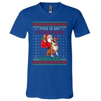 Ugly Xmas Sweater Santa Riding English Bulldog Christmas Gift V-Neck T-Shirt