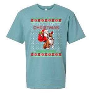 Ugly Xmas Sweater Santa Riding English Bulldog Christmas Gift Sueded Cloud Jersey T-Shirt