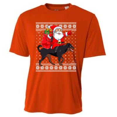 Ugly Xmas Sweater Santa Riding Rottweiler Dog Christmas Gift Cooling Performance Crew T-Shirt