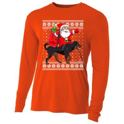 Ugly Xmas Sweater Santa Riding Rottweiler Dog Christmas Gift Cooling Performance Long Sleeve Crew