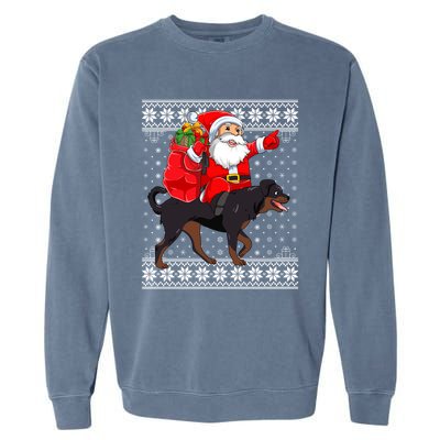 Ugly Xmas Sweater Santa Riding Rottweiler Dog Christmas Gift Garment-Dyed Sweatshirt