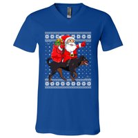 Ugly Xmas Sweater Santa Riding Rottweiler Dog Christmas Gift V-Neck T-Shirt