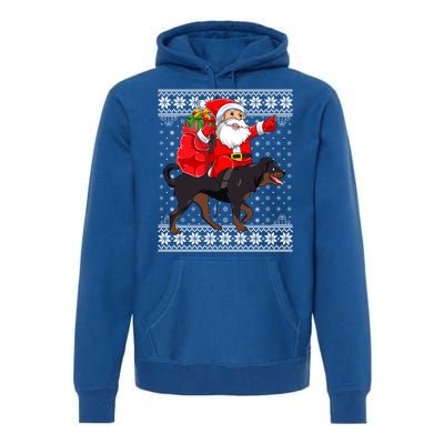 Ugly Xmas Sweater Santa Riding Rottweiler Dog Christmas Gift Premium Hoodie