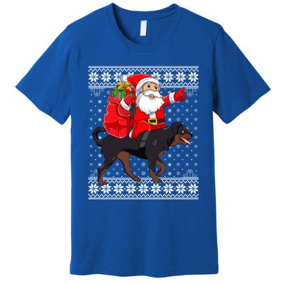 Ugly Xmas Sweater Santa Riding Rottweiler Dog Christmas Gift Premium T-Shirt