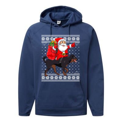 Ugly Xmas Sweater Santa Riding Rottweiler Dog Christmas Gift Performance Fleece Hoodie