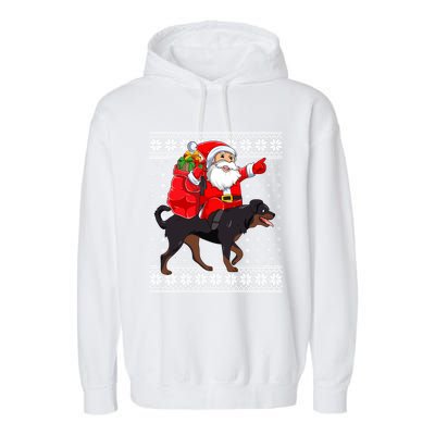 Ugly Xmas Sweater Santa Riding Rottweiler Dog Christmas Gift Garment-Dyed Fleece Hoodie