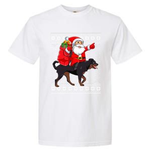 Ugly Xmas Sweater Santa Riding Rottweiler Dog Christmas Gift Garment-Dyed Heavyweight T-Shirt