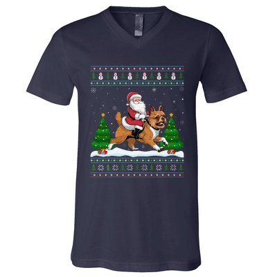 Ugly Xmas Tree Santa Riding Brussels Griffon Dog Christmas V-Neck T-Shirt