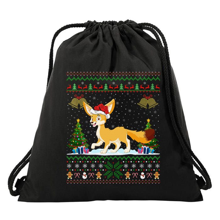Ugly Xmas Tree Lights Santa Hat Fennec Fox Christmas Drawstring Bag