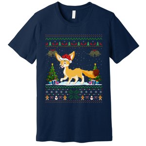 Ugly Xmas Tree Lights Santa Hat Fennec Fox Christmas Premium T-Shirt