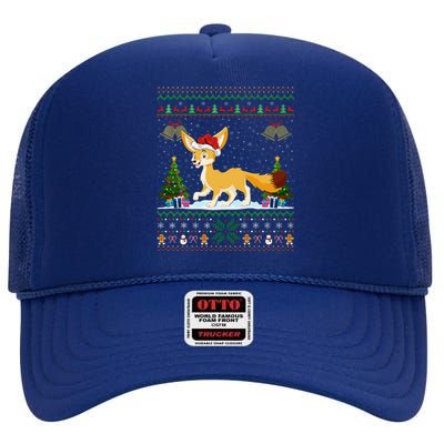 Ugly Xmas Tree Lights Santa Hat Fennec Fox Christmas High Crown Mesh Back Trucker Hat