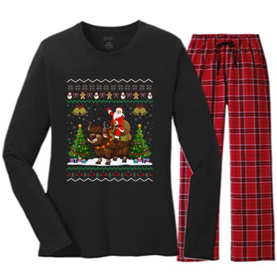 Ugly Yak Xmas Gift Santa Riding Yak Christmas Women's Long Sleeve Flannel Pajama Set 