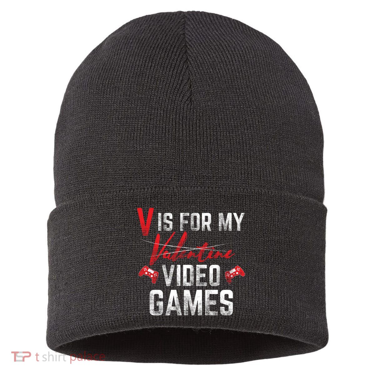 V Is For Video Games Funny Valentines Day Sustainable Knit Beanie